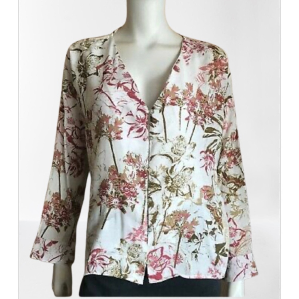 𝅺ZARA linen floral button up sustainable blouse size small